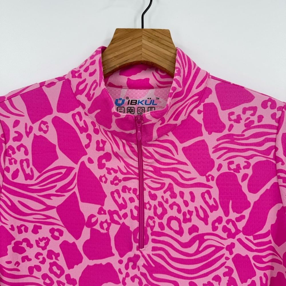 Ibkul Bianca Pink Animal Print Short Sleeve Quarter Zip Mock Neck Size L - Picture 6 of 7